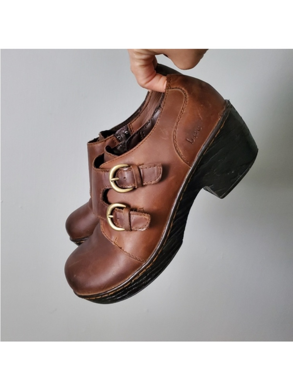 Born | Crosley Brown Leather Heeled Clogs Buckled Ankle Booties Shoes